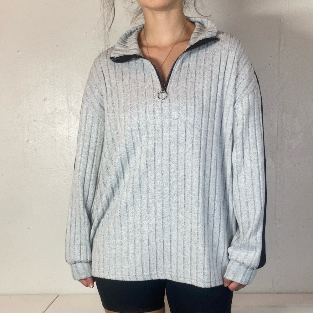 Soft Light Gray Ribbed Quarter Zip